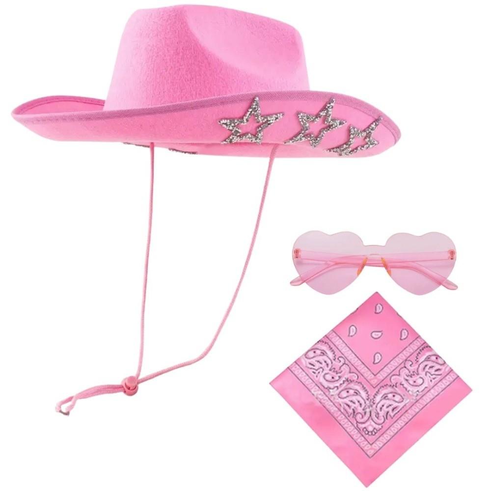 Fluffy Trim Bandana Heart-Shaped Glasses Pink Halloween Costume Accessories Set Cowboy Hat Women