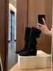 6Cm Inner Height Increase Western Denim Boots Women's 2025 New Korean Round Head Buckle with Soft Folds and Thin Medium Tube