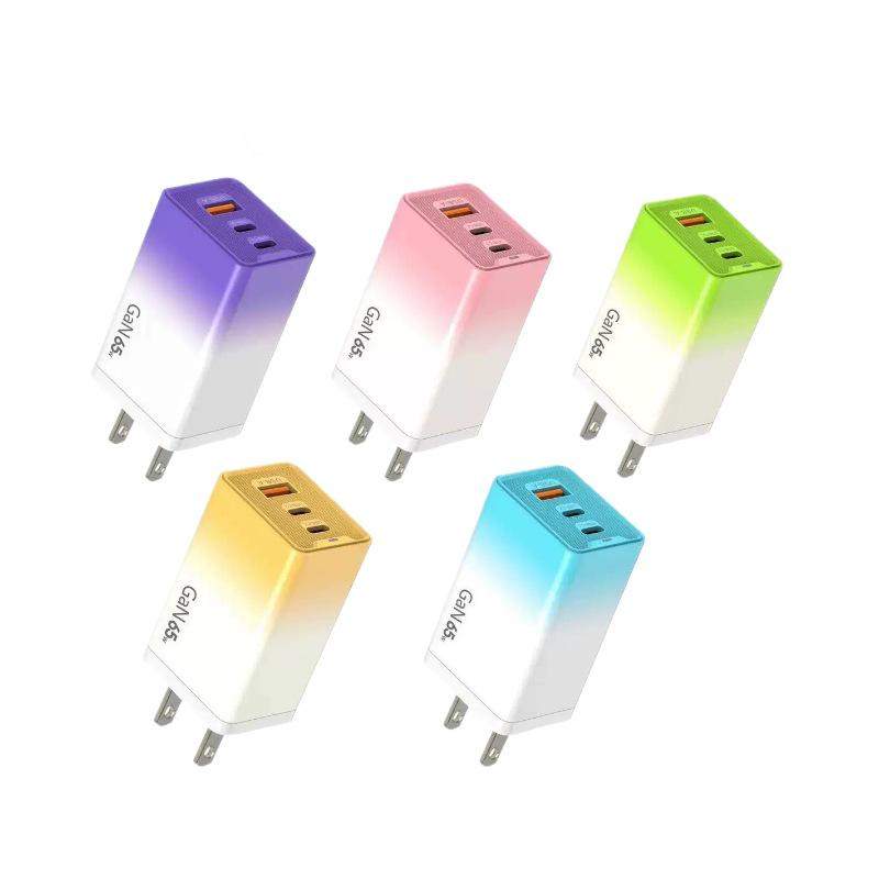 65W Gallium Nitride Gradient Charger with Multi-port 1USB + 2PD, 5V2A with Colorful Light