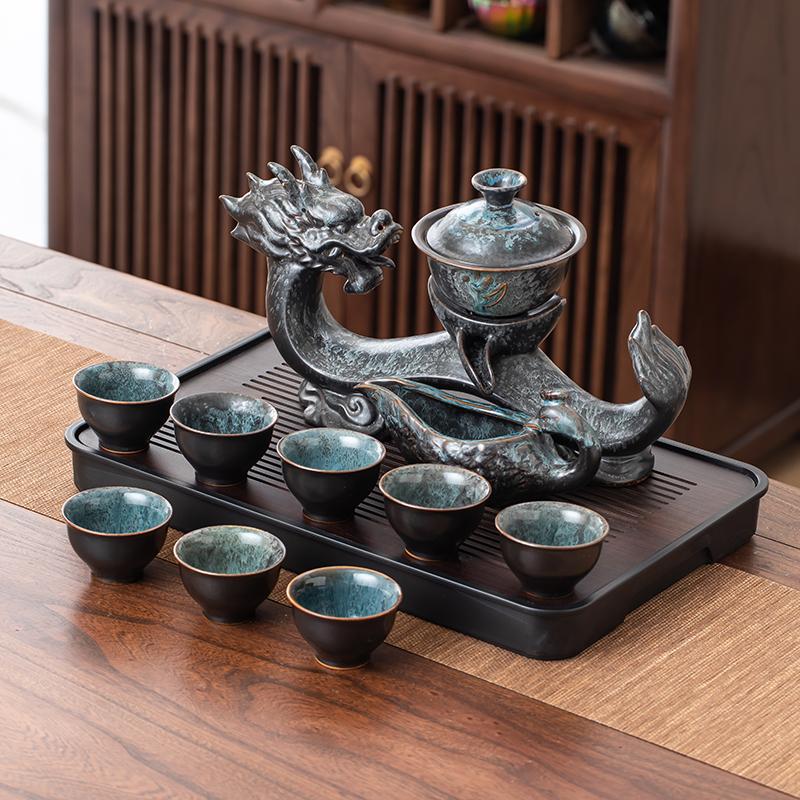 1 Set of Rotating Teapot, Ceramic Kiln Turned Ruyi Dragon-Shaped Teapot Set, Teapot with 8 Teacups, Without Tea Tray, Semi-Automatic Tea Set