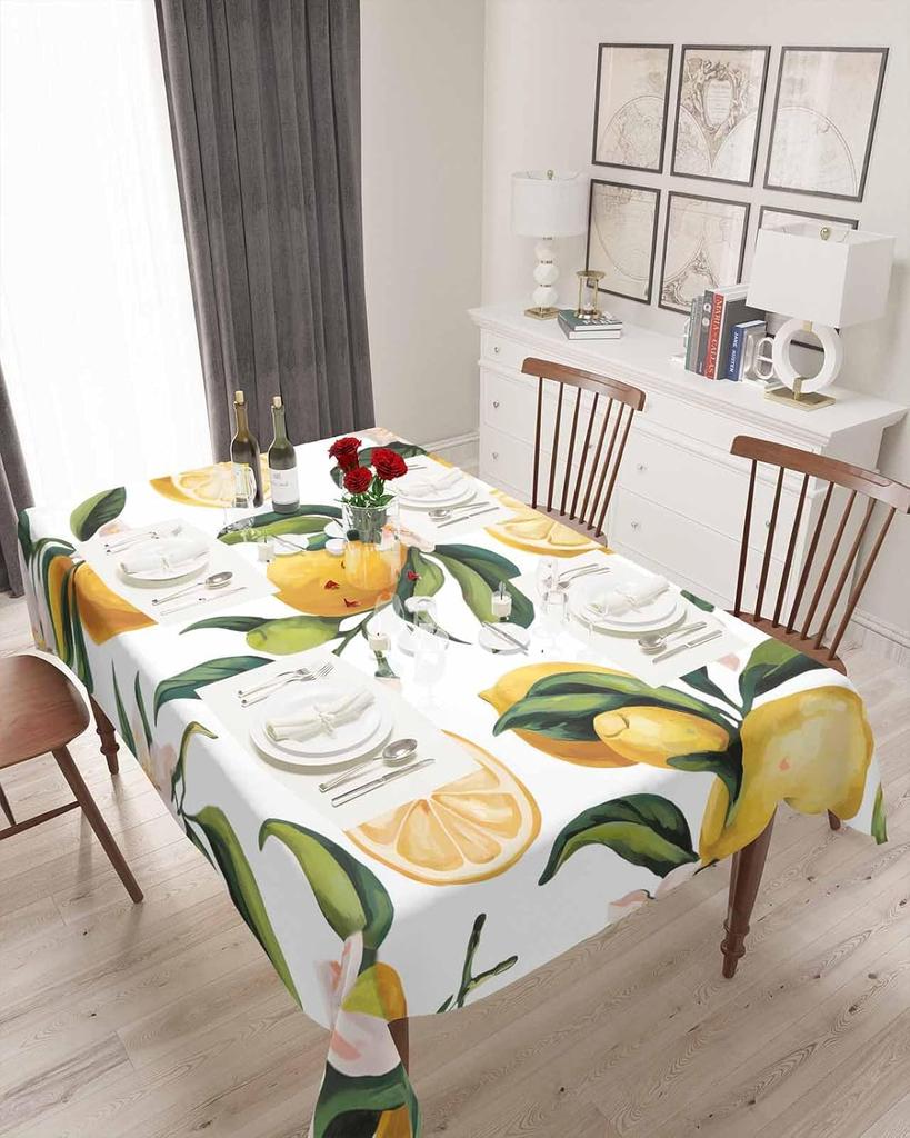 Summer Lemon Flower Green Leaves Rectangle Tablecloth for Table Decor Reusable Kitchen Dining Tablecloth Holiday Party Decor