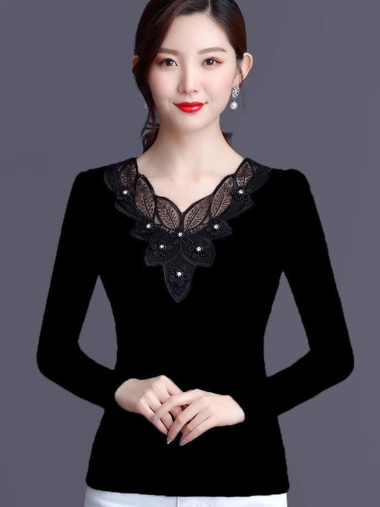 Autumn Coat, Black Mesh Base Shirt, Lace Fashionable Slimming Temperament Top