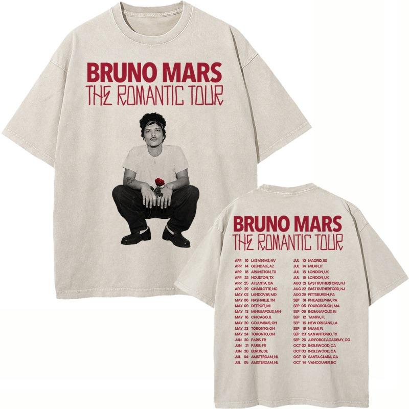 100% Cotton Vintage Washed Bruno Mars The Romantic Tour 2026 T Shirt Fashion Men/Women Retro Oversized Loose Acid Wash Tee Shirt