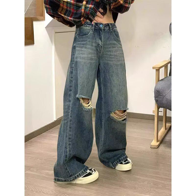 Women's Retro High-Waisted Wide-Leg Jeans, 2025 Spring/Autumn Style, Loose Fit, Ripped, Floor-Length.