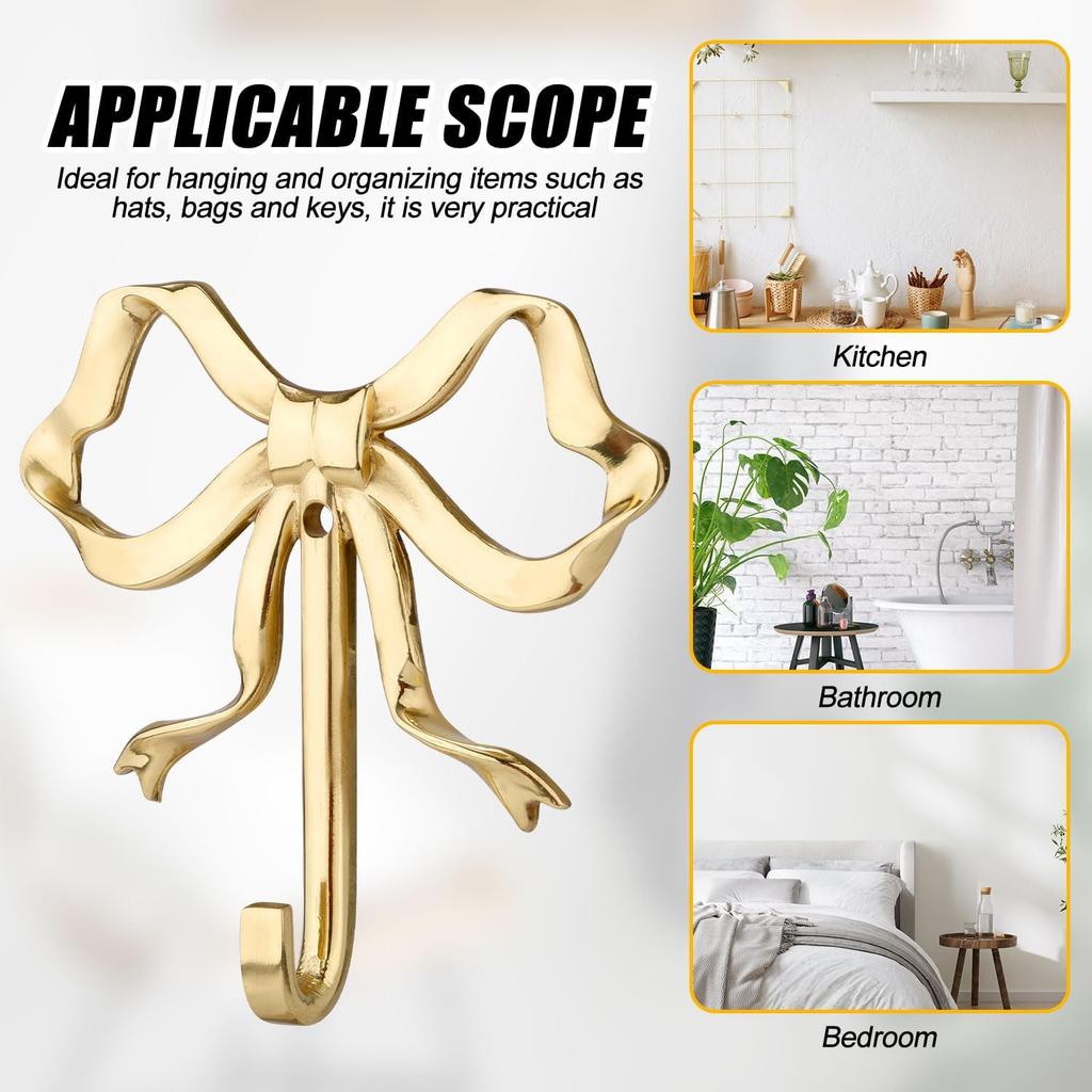 Bow Wall Hooks, 2.64x2.6 Inch Decorative Knot Brass Purse Hanger Holder Coat Rack Wall Mount Gold Vintage Multi-Purpose for Bathroom Hanging Coats