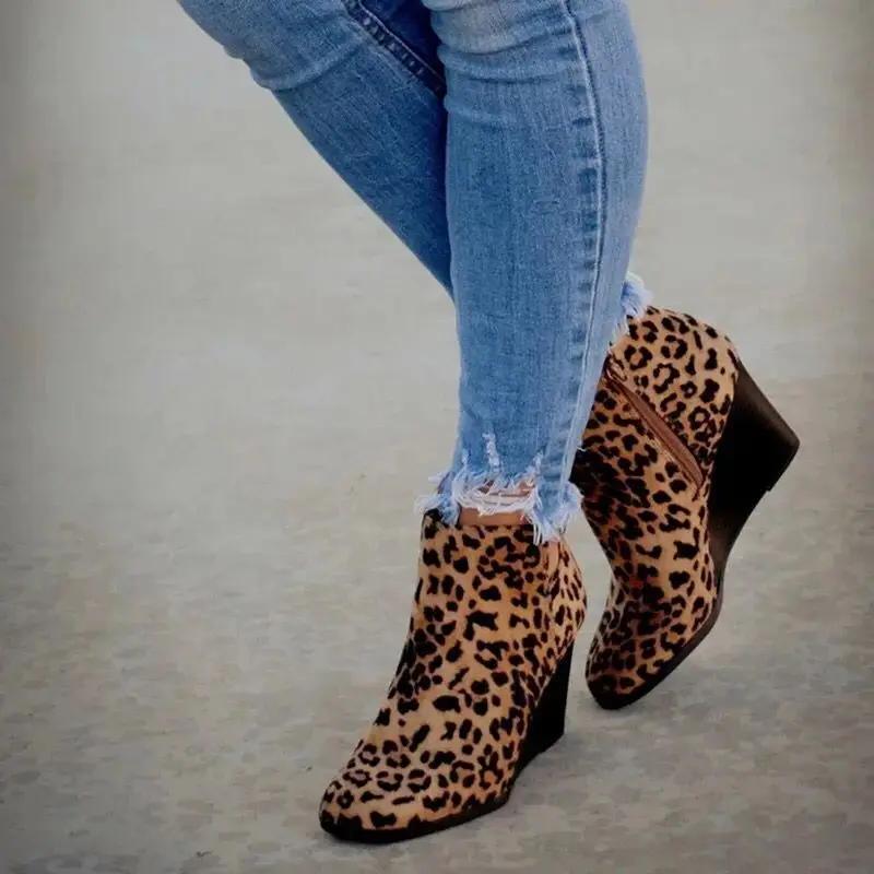 Mode 2025 Herbst Neu Chelsea Boots Retro Keile Plateau Leopard Damenschuhe Damen Seitenreißverschluss Hohe Absätze Stiefeletten Botas Mujer