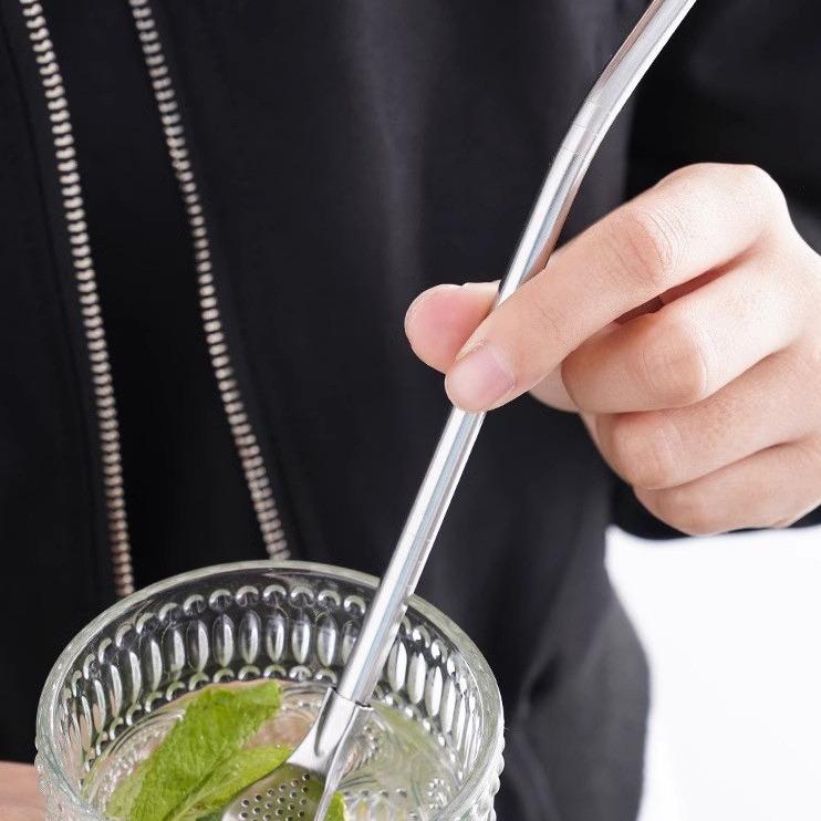 Straw spoon Stainless steel milk tea coffee stirring and filtering integrated dual-purpose environmentally friendly rough metal