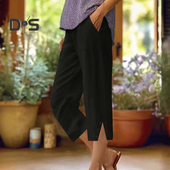 Women Cropped Pants Elastic Waist Wide Leg Beach Pants with Pockets Solid Color Casual Loose Fit Pants