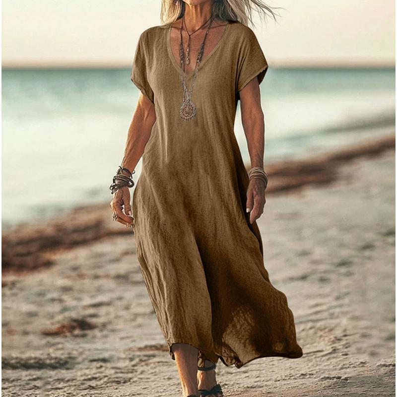Vestido Longo Casual de Verão para Mulheres, Gola V, Manga Curta, Algodão e Linho, Cor Sólida