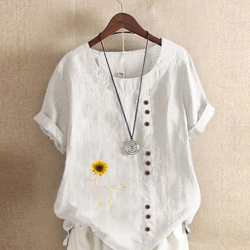 

Женская модная футболка с коротким рукавом и принтом подсолнуха и кота, свободная хлопковая рубашка, повседневная свободная летняя блузка, топы больших размеров 5XL белый