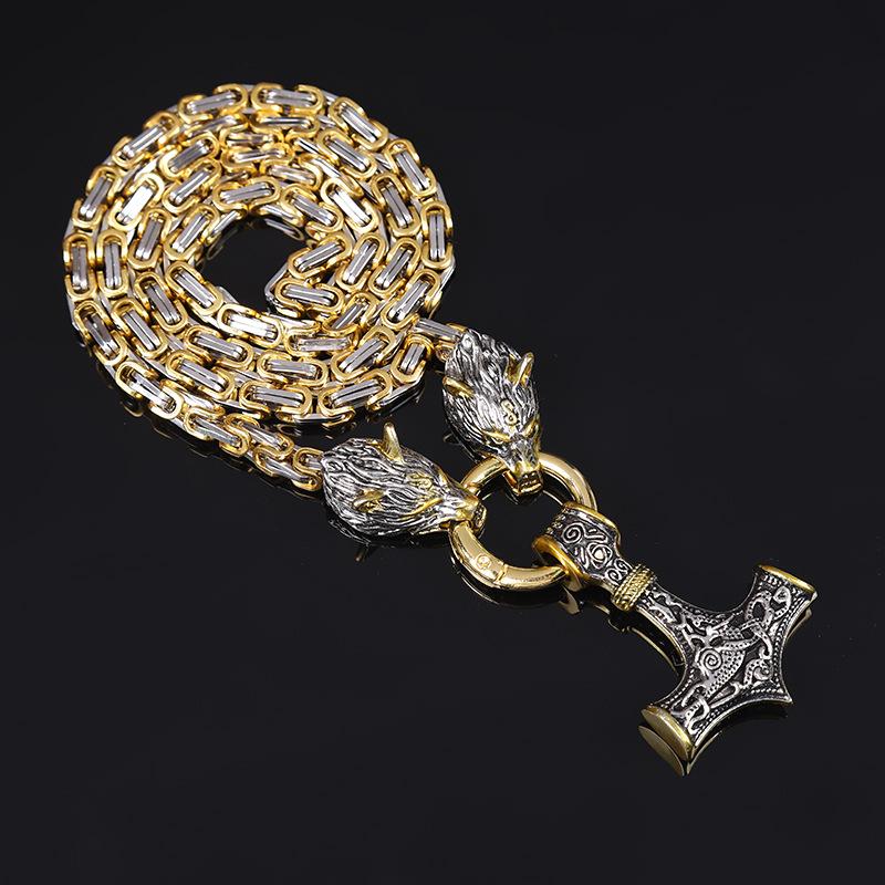 Foreign Trade Retro Nordic Viking Rune Hammer Pendant Wolf Head Necklace Bracelet Jewelry Set Stainless Steel Chain