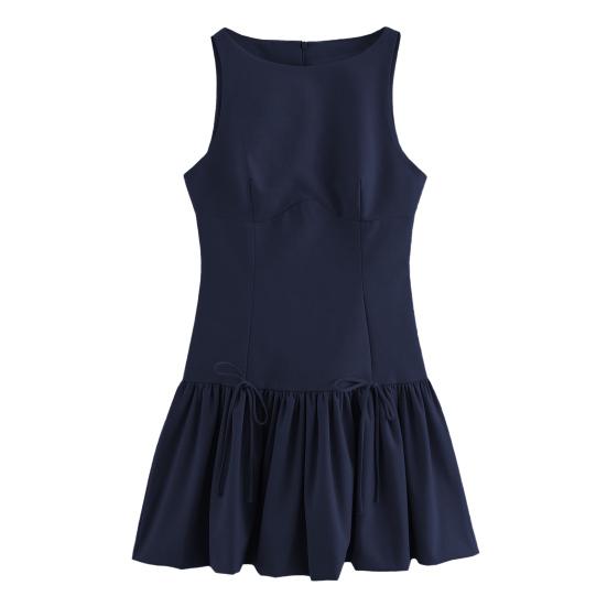 Women Summer Dress Sleeveless Bow Decor Pleated A-line Solid Color Mini Dress Back Zipper Closure O Neck Vest Dress for Dating Party
