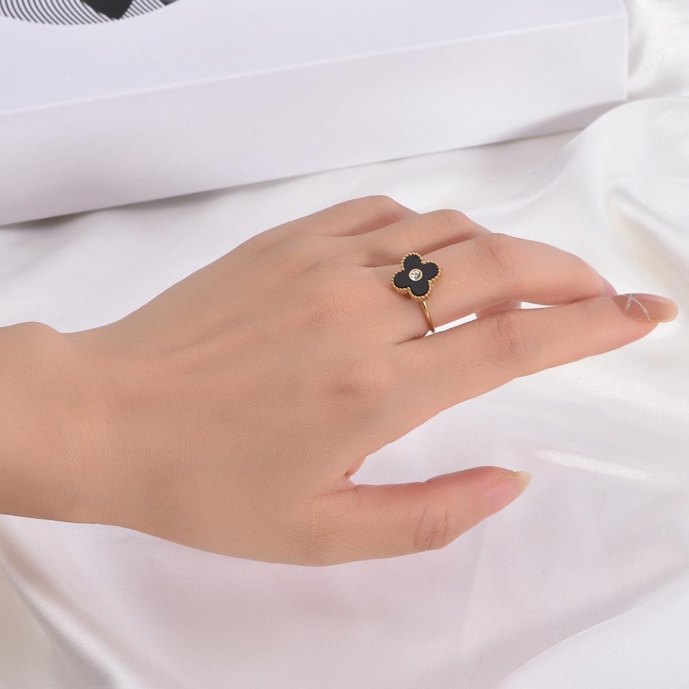 Classic Titanium Steel Four-Leaf Clover Ring Opening Adjustable Ring Ins Tide Models Net Red Ring Does Not Lose Colour Female Ring