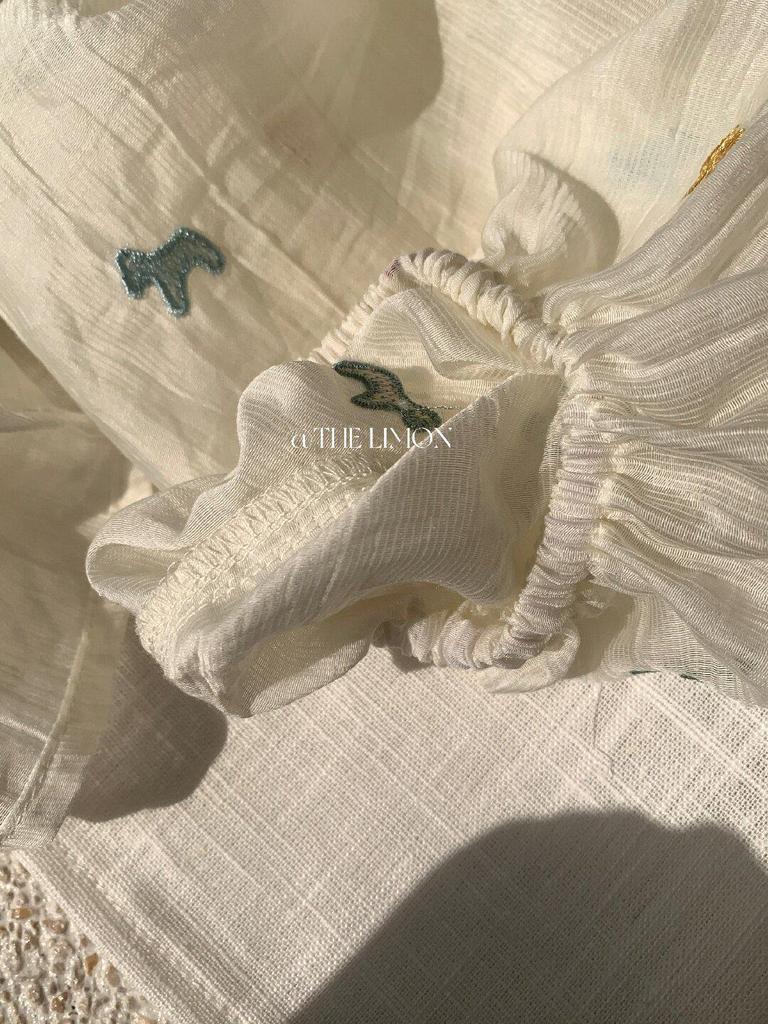 Women's Long Sleeve Lemon Green Tea Floral Embroidered Shirt – Slimming Tie-Up Sun Protection Top