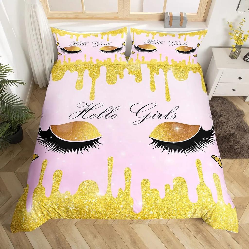 Women Eyelash King Queen Duvet Cover Glitter Galaxy Bedding Set Pink Sequin Ink Fluid Art Quilt Cover Polyester Comforter Cover