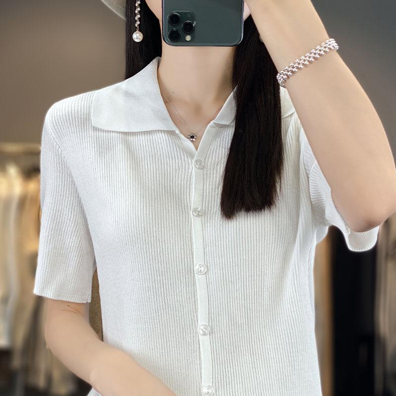 Polo Neck Ice Silk Short-sleeved T-shirt for Women In Summer New Loose and Slim and Fashionable Lapel T-shirt Thin Top