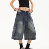 American Retro Women's Denim Capri Pants - Distressed, Multi-Pocket, Loose Straight Leg Design