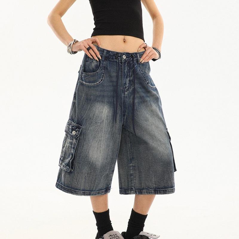 American Retro Women's Denim Capri Pants - Distressed, Multi-Pocket, Loose Straight Leg Design