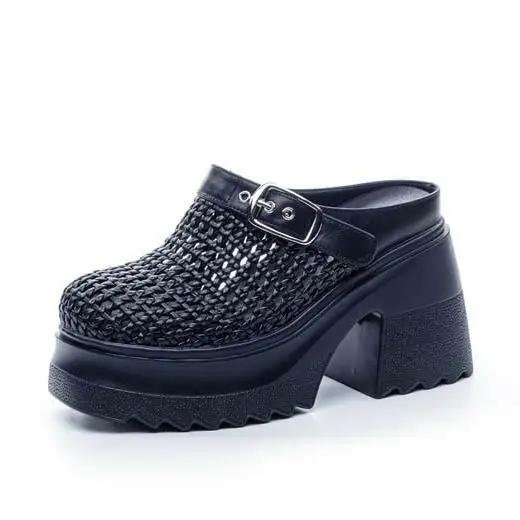 Fashion 10CM Air Mesh Weave Genuine Leather Breathable Sandals Chunky Heels Hollow Platform Wedge High Brand Shoes Summer Women Slipper