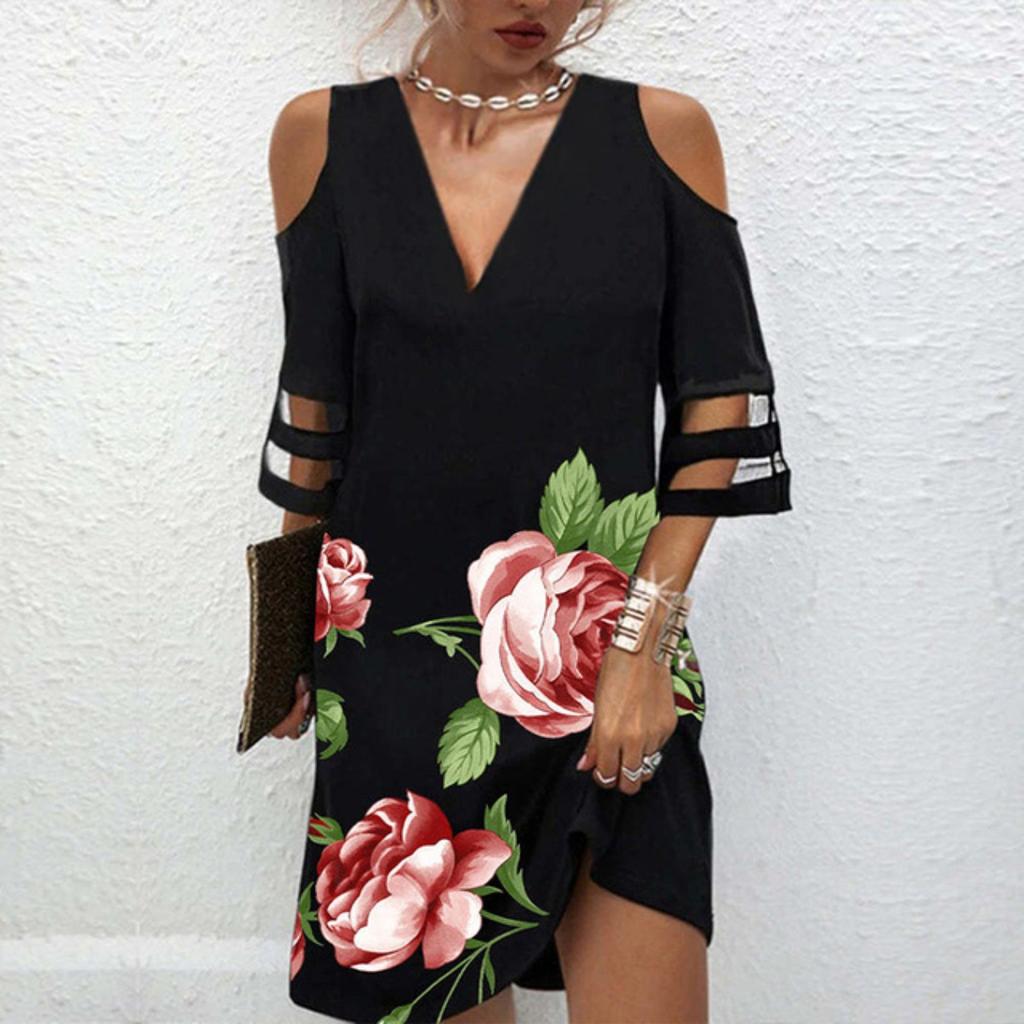 V Neck Print Flowe Dress Waist Hugging Elegant Mesh Splicing Dress for Women Short Sleeve Loose Dresses Causal Dress