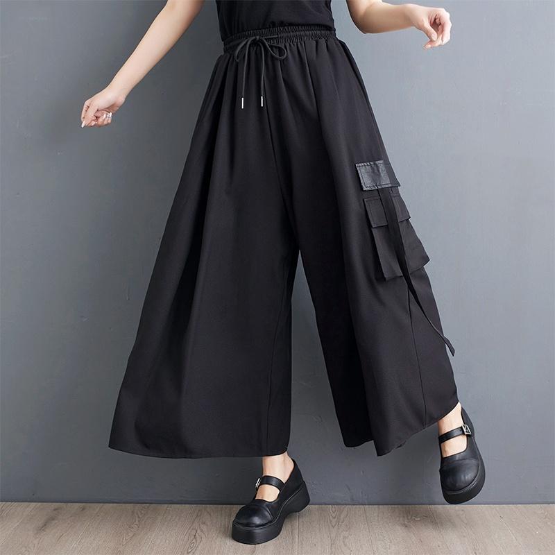 Dimanaf Spring Plus Size Women Wide Leg Pants High Waist Basic Elastic Pants Loose Casual Trousers Black Pants