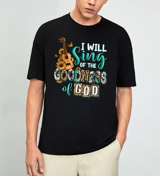Christian Floral Guitar I Will Sing of The Goodness of God T-Shirt XXL