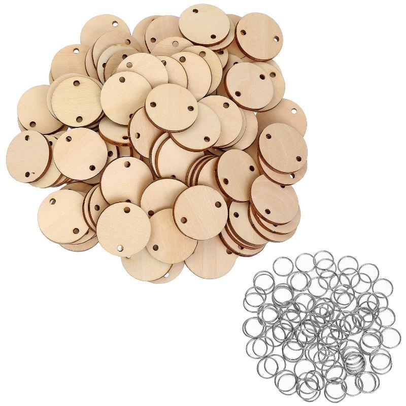 50pcs/pack Unfinished Blank Wood Round/Heart/Star Pendants Disc Wooden Pieces with Hole and Conneted Rings for DIY Craft Art