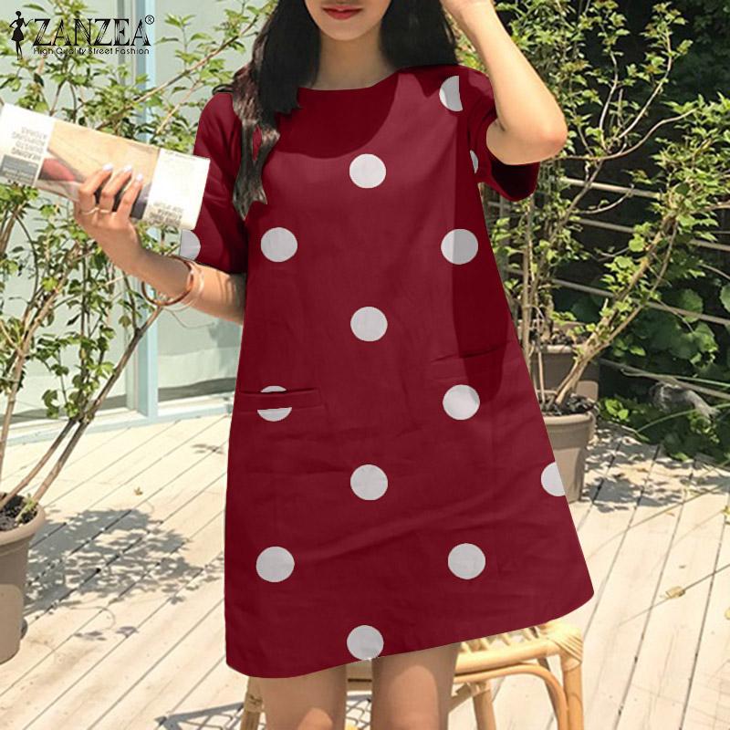 ZANZEA Women Korean Casual Vacation Short Sleeve Polka Dot H-line Dress