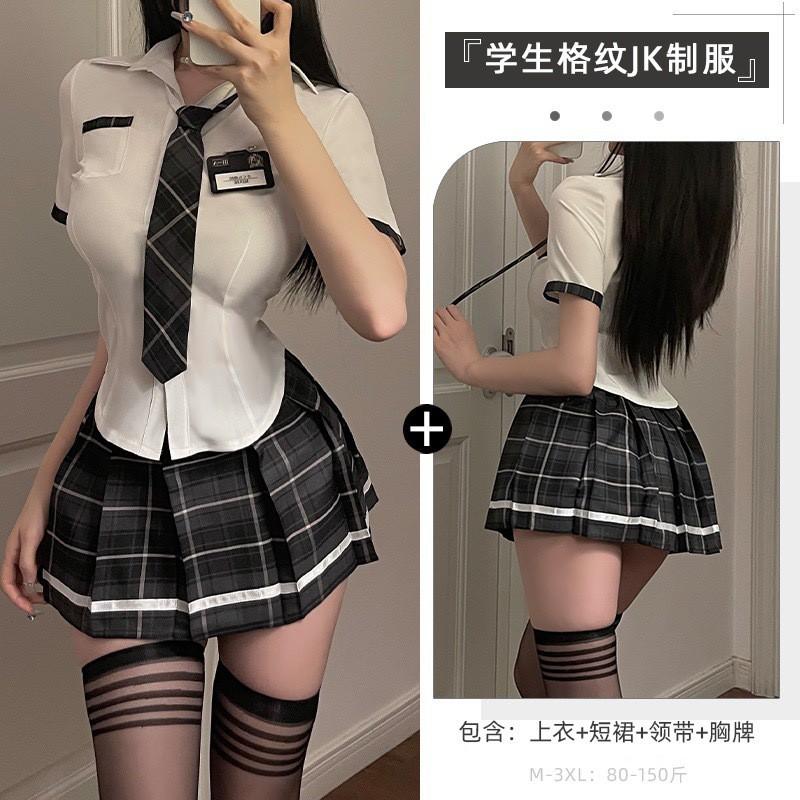 Womens Japanese Style JK Uniform Set Short Sleeve Shirt Plaid Skirt High Waist Casual Outfit