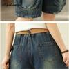 Korean Fashion Summer Women Casual Loose Capris Elastic Waist Dark Blue Denim Pants Vintage Washed Cotton Short Jeans With Belt
