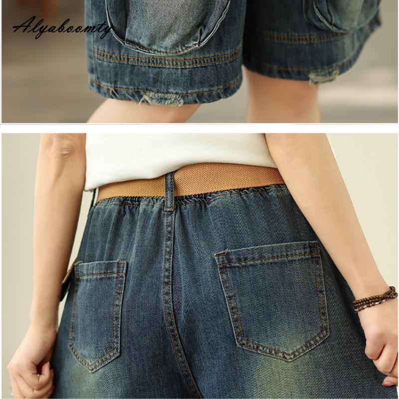 Korean Fashion Summer Women Casual Loose Capris Elastic Waist Dark Blue Denim Pants Vintage Washed Cotton Short Jeans With Belt