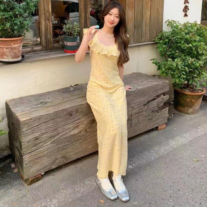 French Retro Floral Dress Medium and Long Temperament Holiday Square Neck Ruffle Edge Skirt Children's Summer New Long Dress