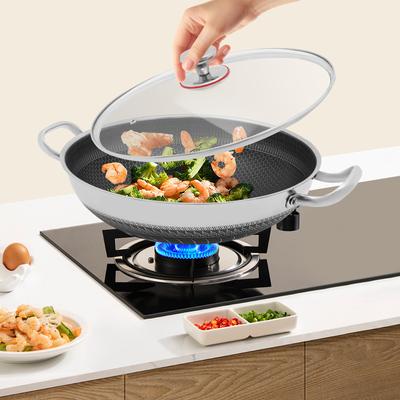 35.5*9.8cm 410 Stainless Steel Flat Bottom Pan, Cooking Pot, Frying Pan with Practical Handle and Tempered Glass Lid