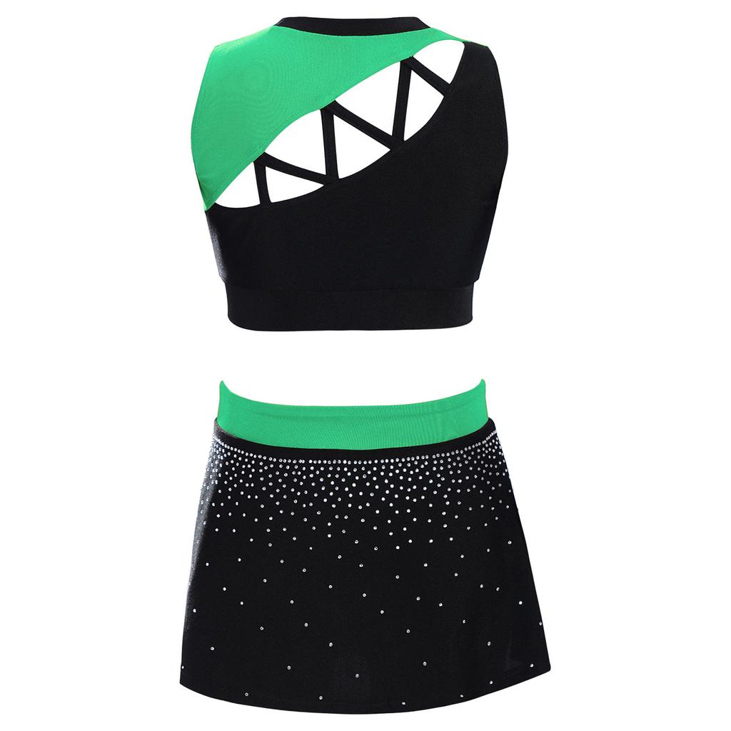 Kids Girls Cheerleading Dance Outfit Set Sleeveless Rhinestone Crop Top & High Slit Skirt for Cheer Competition, Stage Performance, Party Costume