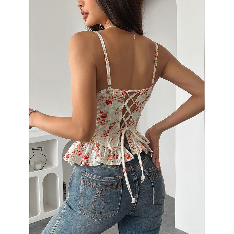 Lotus Leaf Edge Floral Lace Up Sexytop Ruffles Floral Tie-Neck Sexy Top