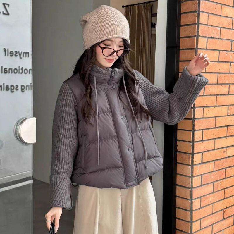 Womens Korean Style Stand Collar Knit Panel Down Jacket Short Puffer Coat 90% White Duck Loose Fit Winter