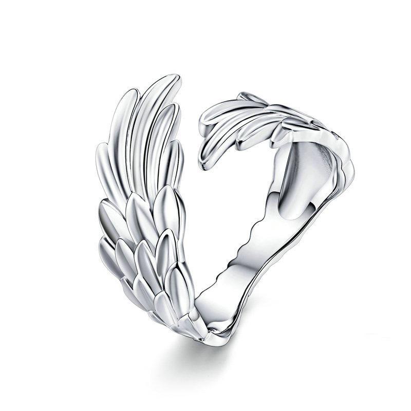 Yintai Fei Adjustable Unisex Thai Silver Feather Wing Ring - White Gold Plated Retro Style.