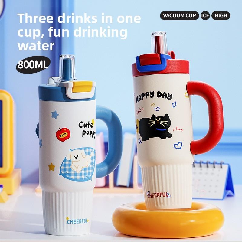 Cute Cat Pattern Stainless Steel Thermos Flask For Girls With Large Capacity And Leakproof Lid