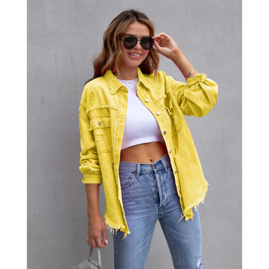Hip Hop Rough Edges Denim Jacket Ripped Pocket Lapel Long Sleeve Single-breasted Vintage Jeans Jacket Coat Women Spring Coat