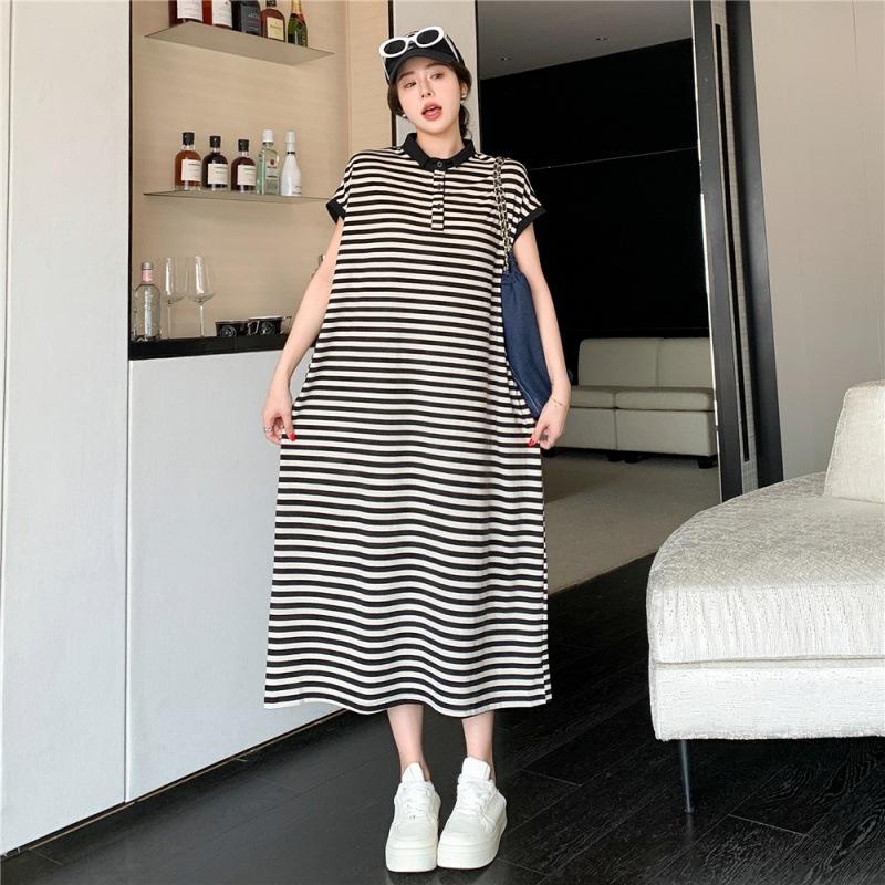 Sommer Damen Kleid Plus Größe Lockeres Temperament Lässig Kleines Revers Bedecktes Fleisch Gestreifte Kleider