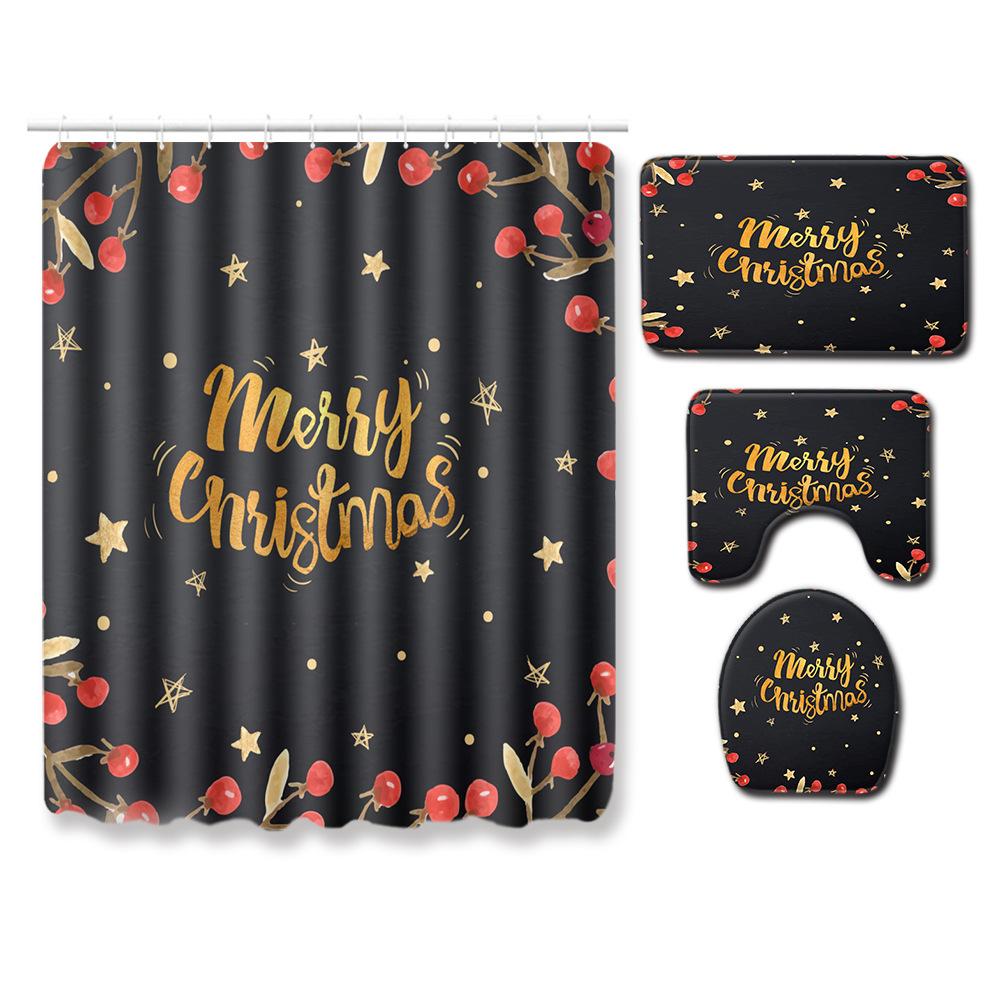 Christmas Shower Curtain Floor Mat Combination Four-Piece Set Kitchen Door Mat Bedroom Living Room Carpet