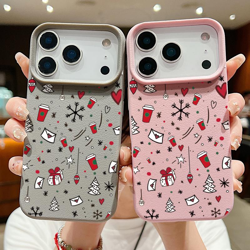 Full-Coverage Christmas Pattern iPhone Case for iPhone 17 16 15 14 Fro Max 13 Air - Festive Shockproof TPU Cover with PU Leather Texture