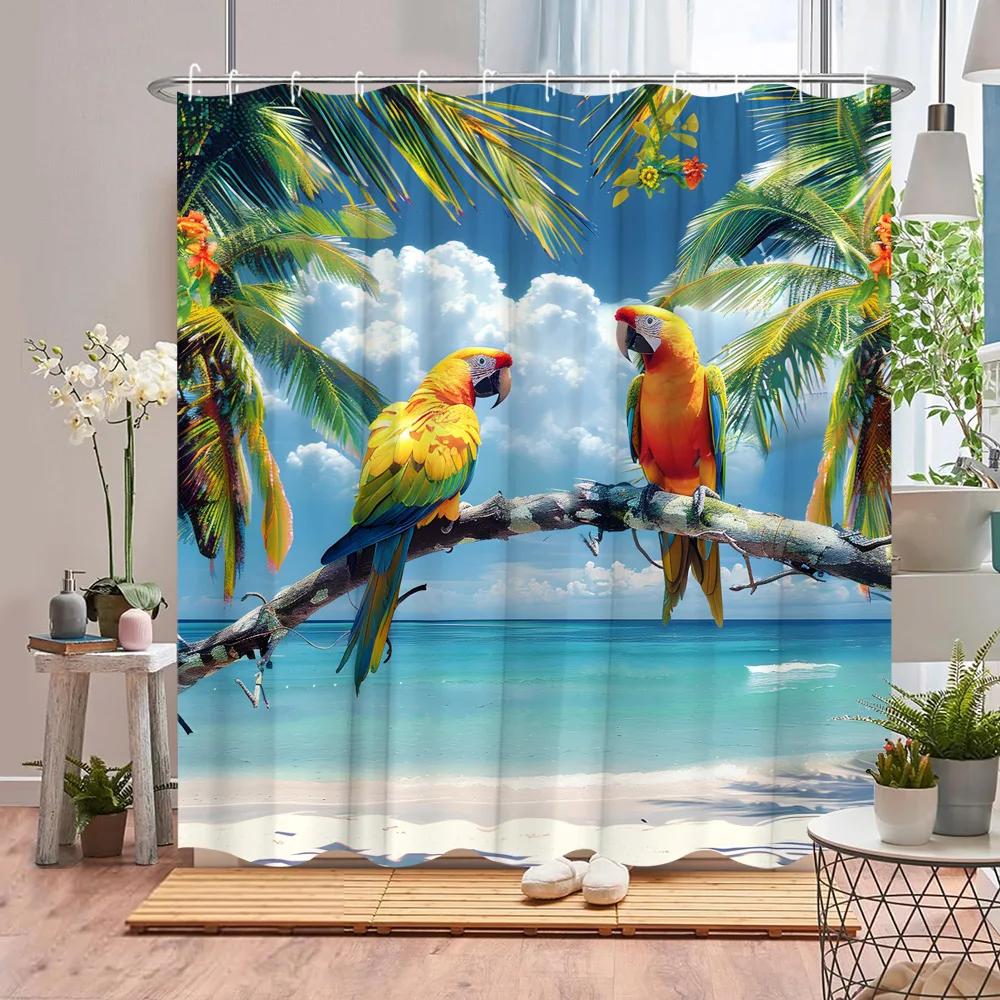 Papagei Duschvorhang Tukan Tropische Pflanze Tier Blume Blatt Ozean Flamingo Cartoon Polyesterstoff Badezimmerdeko Vorhänge