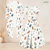Women Plus Size Geometric Printed Two Piece Set Square Neck Short Sleeve Tie Waist Flared Dress And Three Quarter Sleeve Cardigan