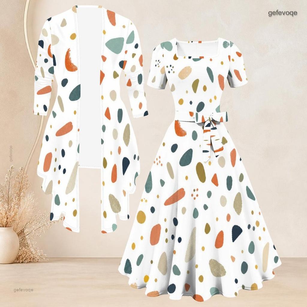 Women Plus Size Geometric Printed Two Piece Set Square Neck Short Sleeve Tie Waist Flared Dress And Three Quarter Sleeve Cardigan