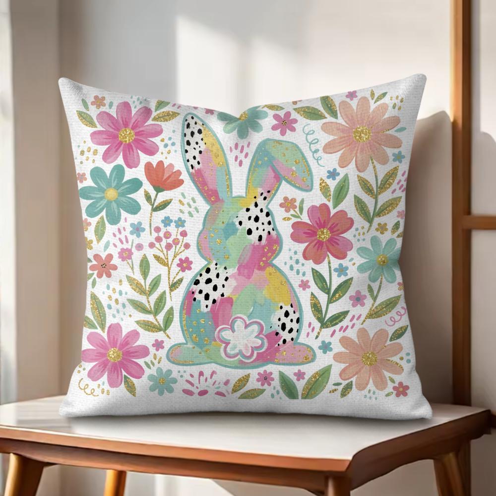 Cute Easter Bunny Cushion Cover Natural Linen Organic Fabric DoubleSided Printing Couch Pillow Covers Home Decor