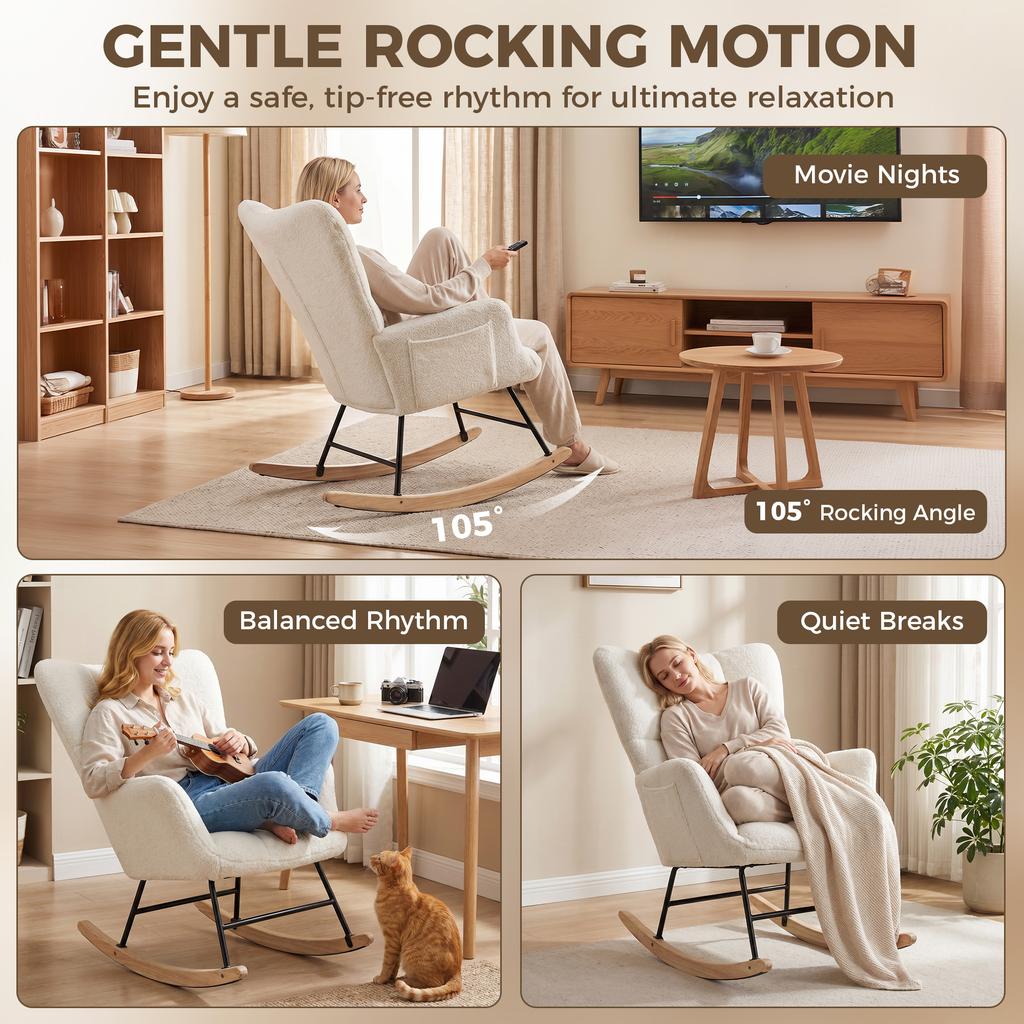 Rocking Chair with Side Pockets, Wingback Rocker Chair, Cream White