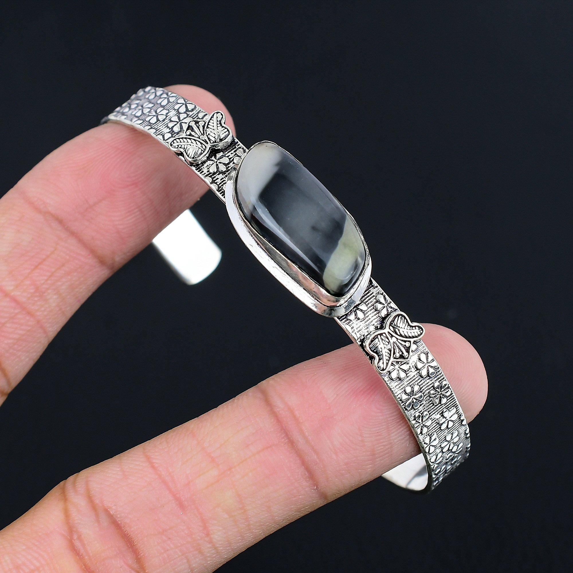 

925 стерлингового серебра Маркиз Дымчатый агат Камень Арт-деко Ручная работа Жена Бохо Браслет Adjustable