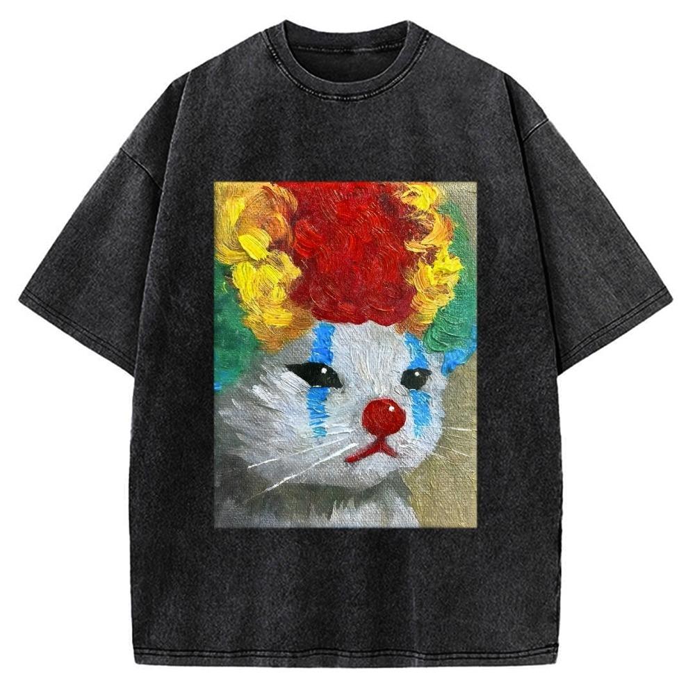 

Artistic Clown Cat Print T-Shirt Oversized Vintage Washed Heavyweight 100% Cotton Streetwear Top Summer Holiday Men Clothes S
