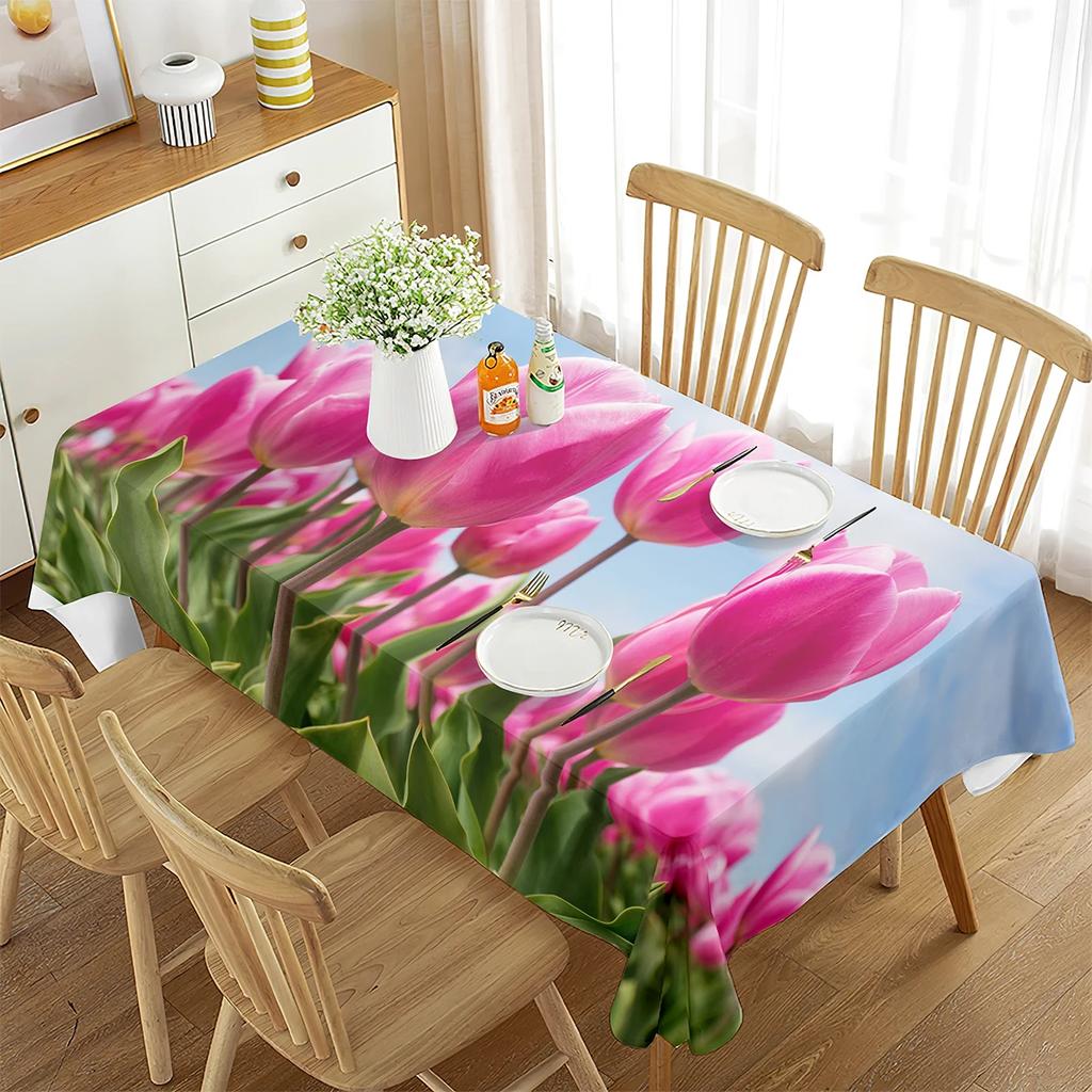 Tulip Tablecloth 3D Pink Flower Plant Pattern Table Cover Rectangle for Kitchen Living Room Dining Room Home Picnic Decoration